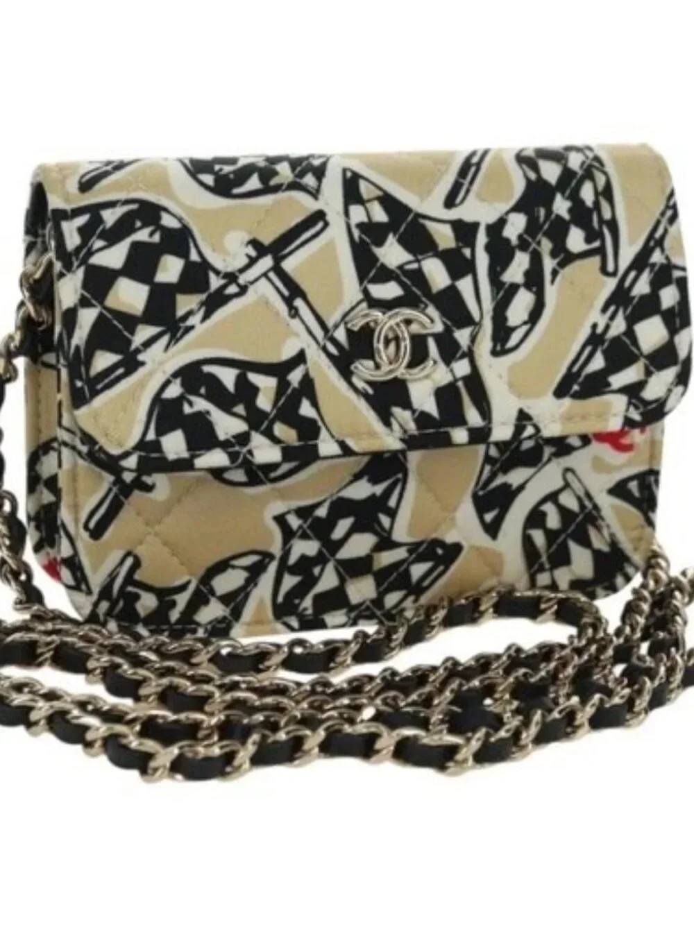 CHANEL Matelasse Checker Flag Chain Pouch Cotton Beige CC Auth YKZ1020SAM